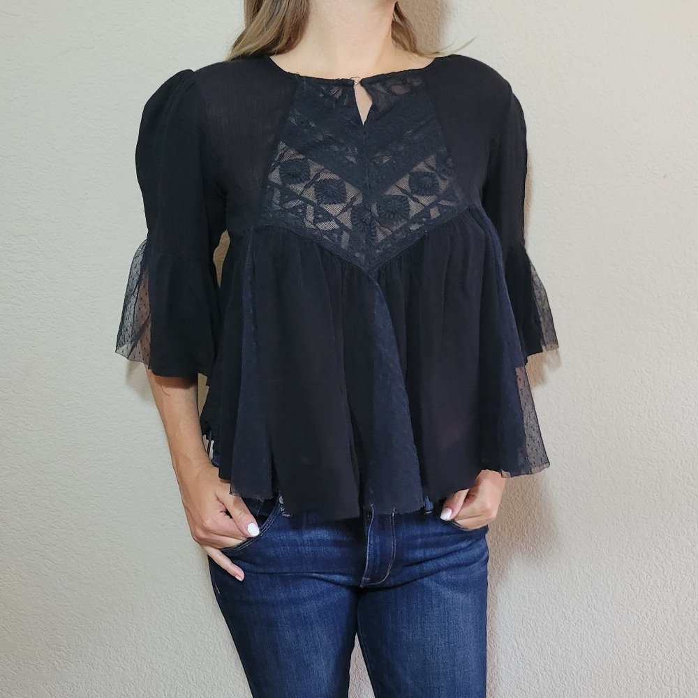 Juniors Black Boho Top Small Peasant 3/4 Raglan Sleeve Womens Flowy Tulle Lace - Picture 3 of 7